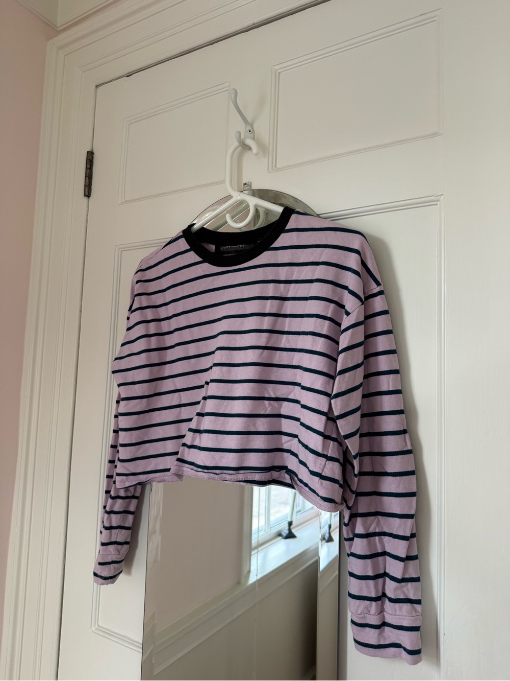 Striped Lavender Cropped Long-Sleeve Tee with Black Trim